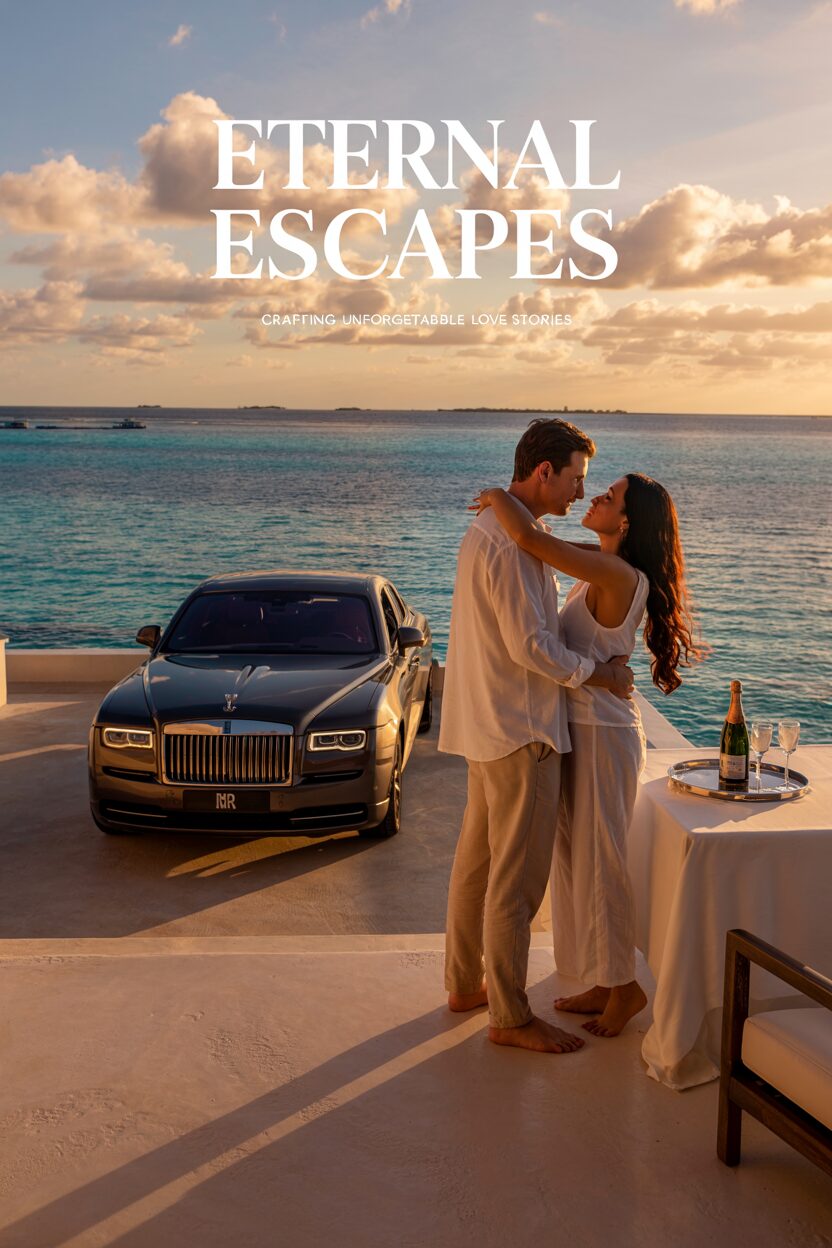 Rolls Royce and couple kissing by ocean