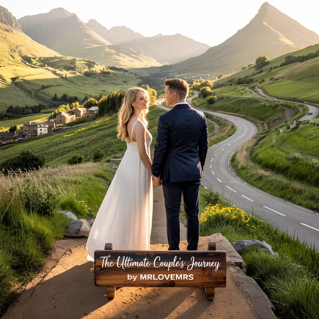 beautiful couple holding hands and mountains in background
